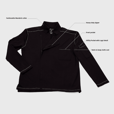 features of the Alfredo chefs coat including mandarin collar, heavy-duty zipper, front pocket, utility pocket and vents