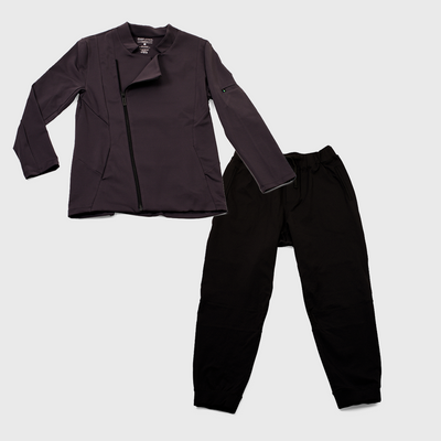 carbon colored womens chef coat and black pants