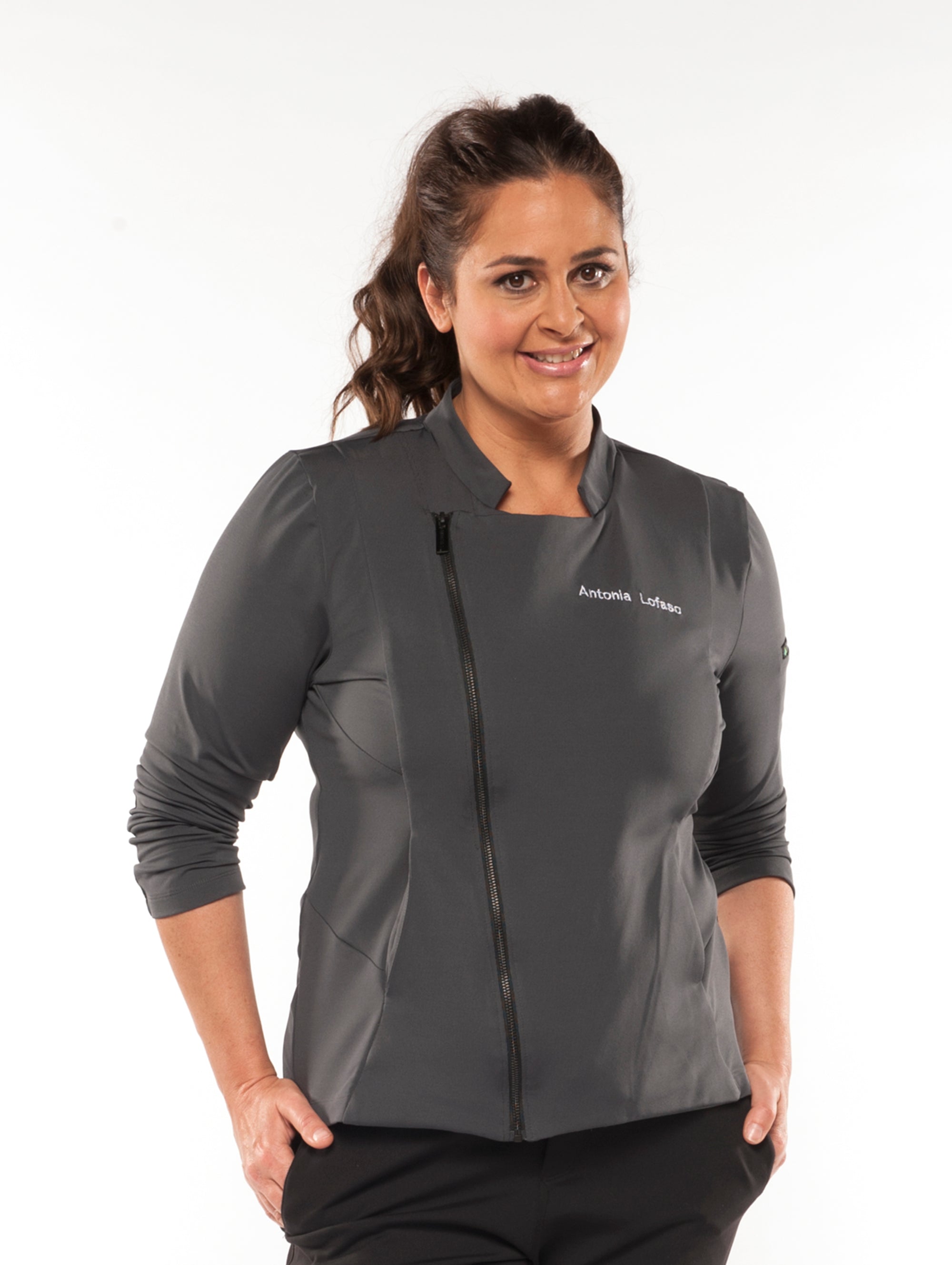 front of model wearing carbon colored chefs coat