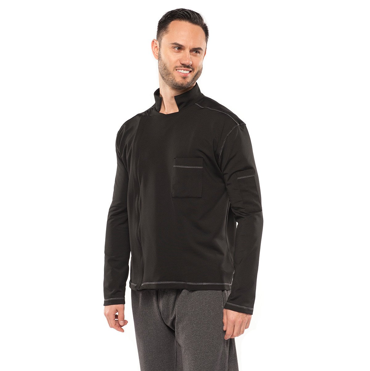 front of Men's Alfredo Coat in "Black" color on a model