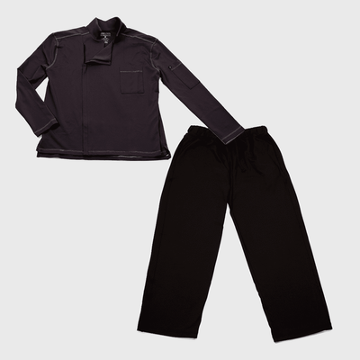 carbon color jacket with black pants