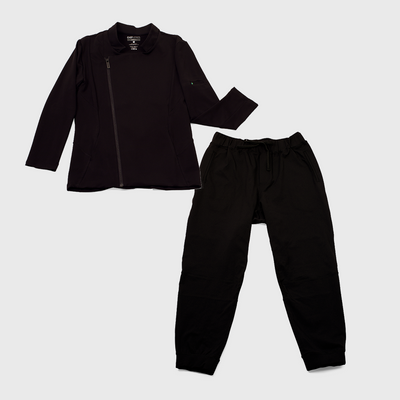 black colored womens chef coat and pants