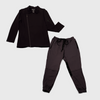 black colored womens chefs coat and charcoal colored pants